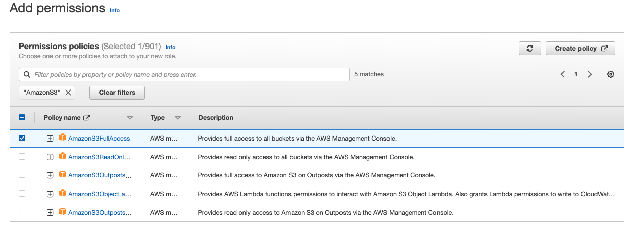 Filter list to add permissions to IAM roles